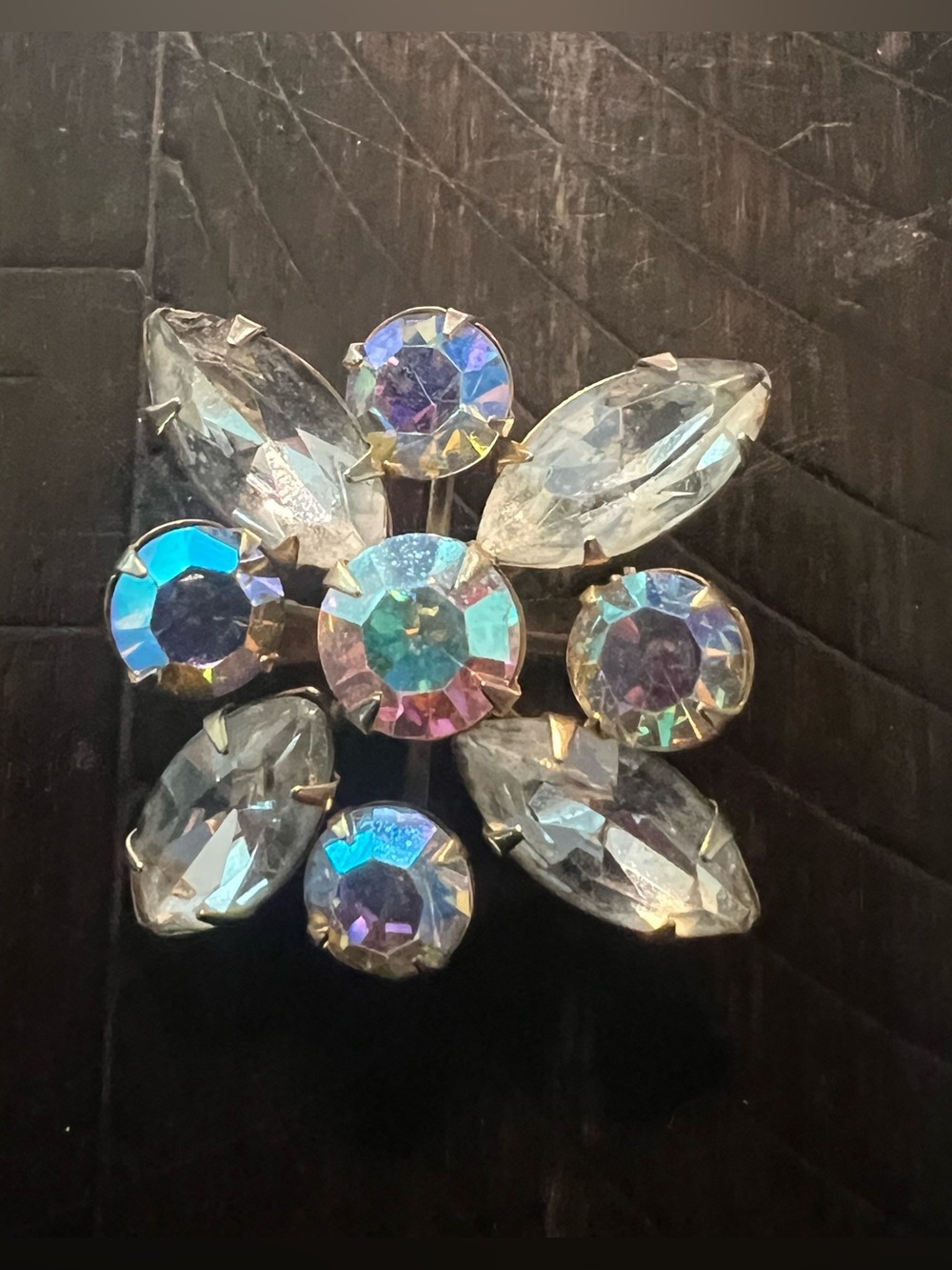 Vintage Aurora Borealis Rhinestone Starburst Flower Brooch Silver Tone Mid Cent